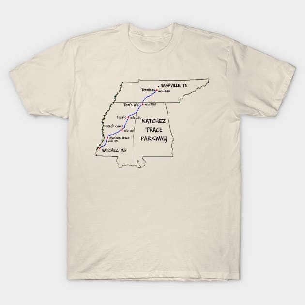 Route Map Design, The Natchez Trace Parkway T-Shirt by numpdog